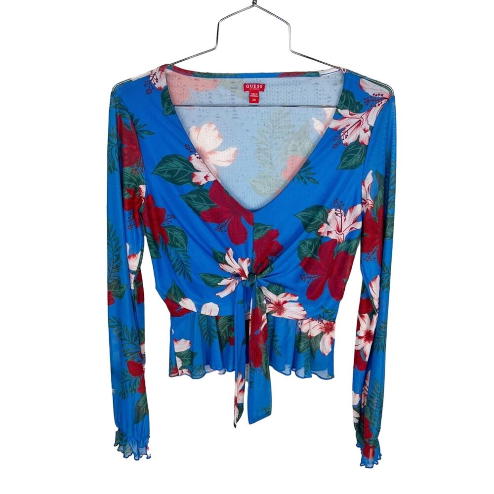 GUESS | Blue Tropical Floral Long Sleeve Mesh‎ Cropped Front Tie Blouse | Top